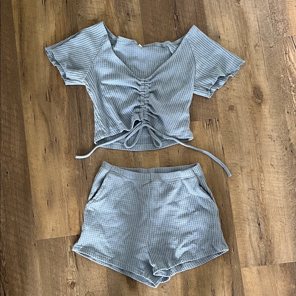 Women's Light Blue Ribbed Two Piece Set - Picture 1 of 1